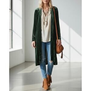 Citron Santa Monica Emerald Green Silk Blend Velvet Kimono Duster Coat Size S